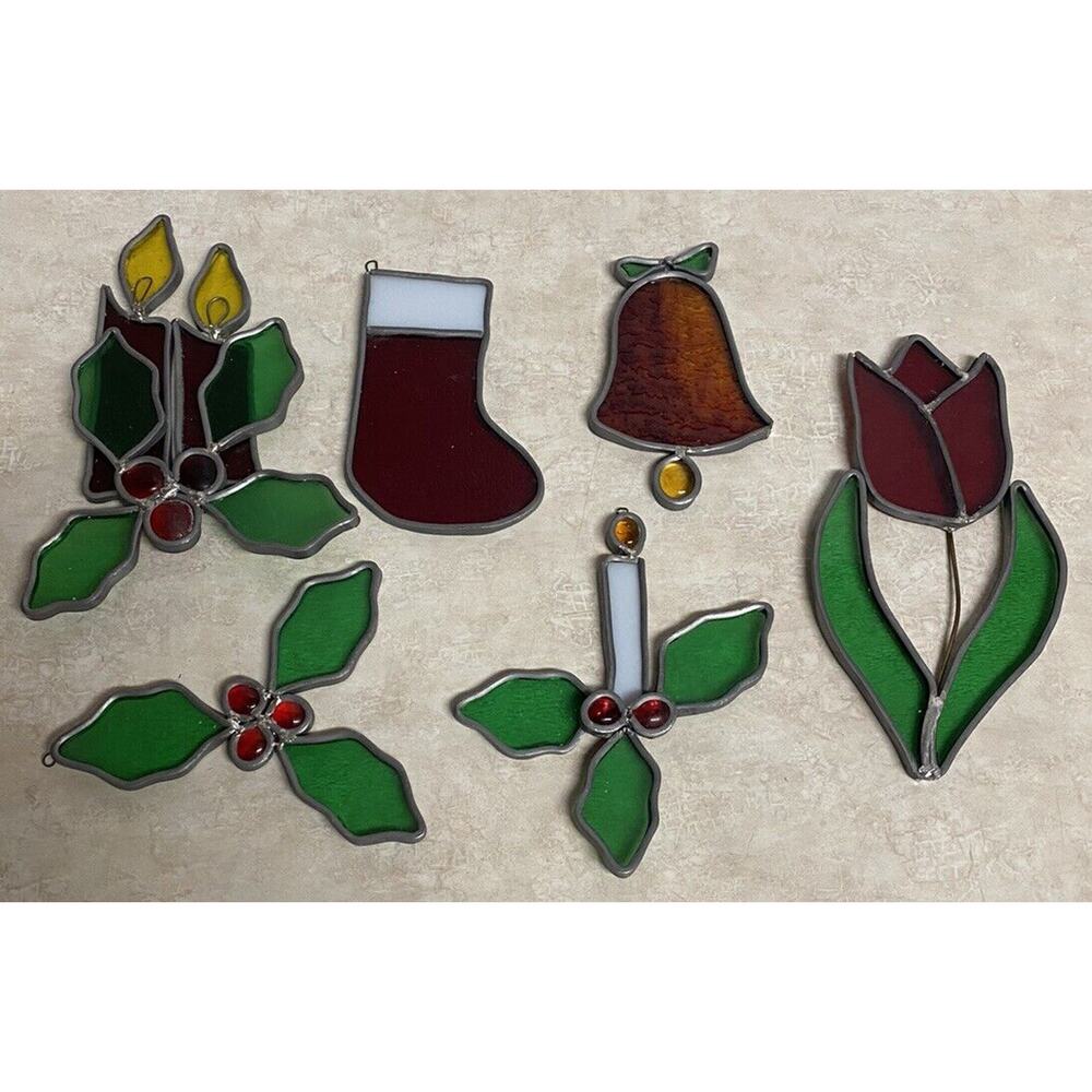 Vintage Stained Glass Christmas 3D Sun Catchers Hand Made 6 Pcs Multicolor